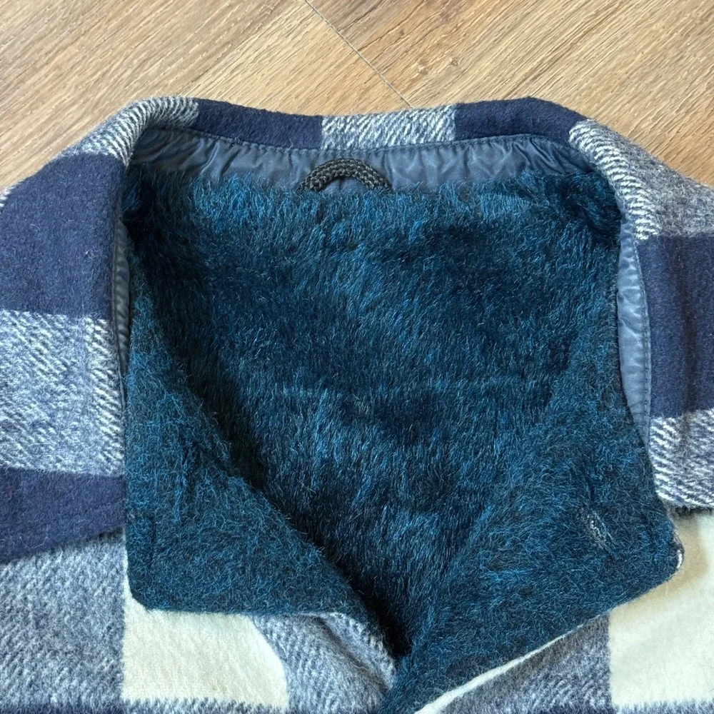 Vintage 70s Wool Buffalo Plaid Jacket Faux Fur-lined Navy Anchor Buttons Medium‎